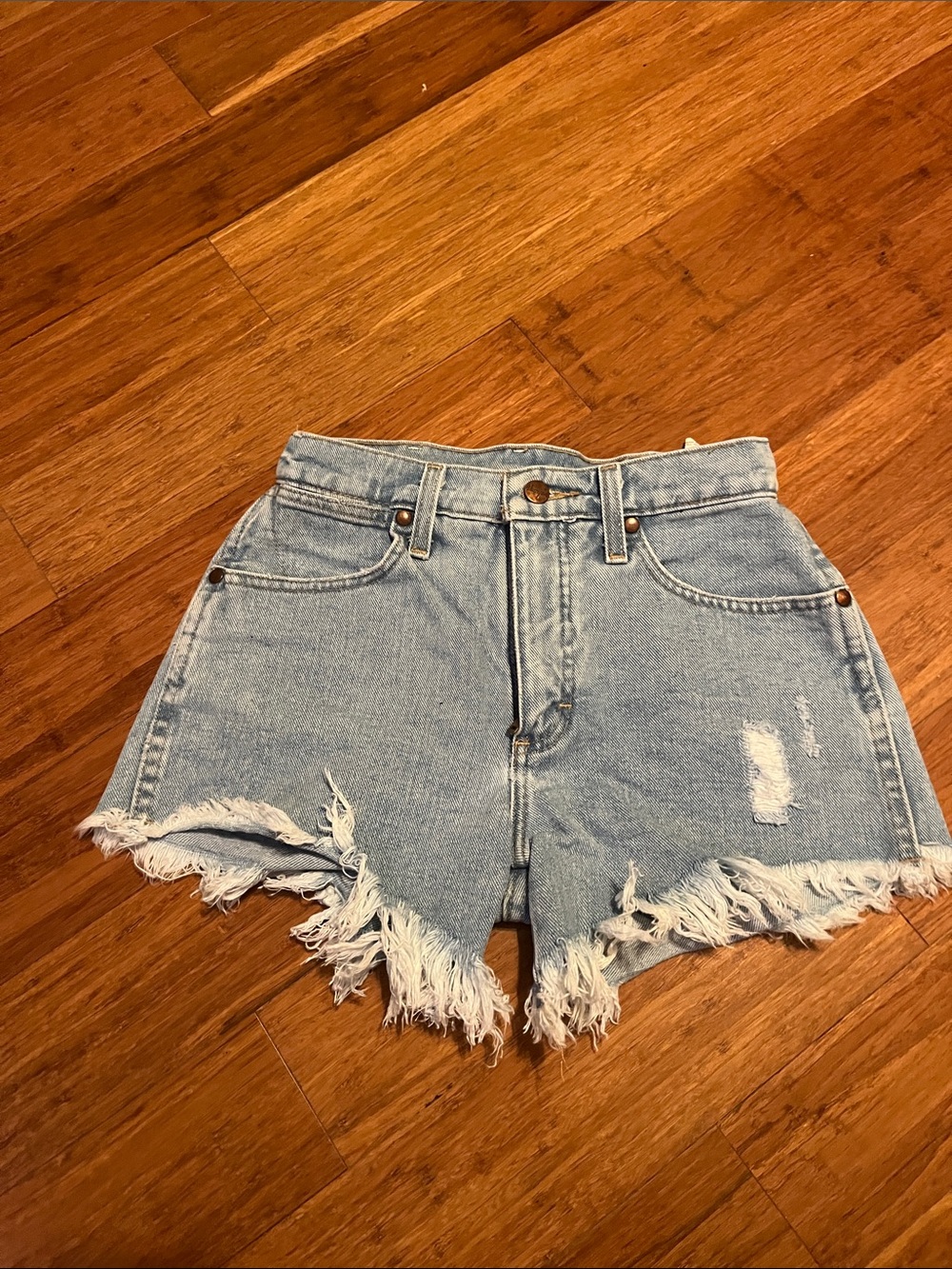 Wrangler Light Blue Distressed High-Waist Denim Shorts